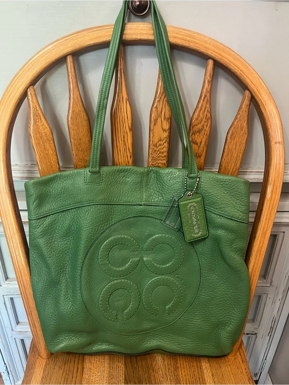 Green Leather op art Tote Bag by Coach.
